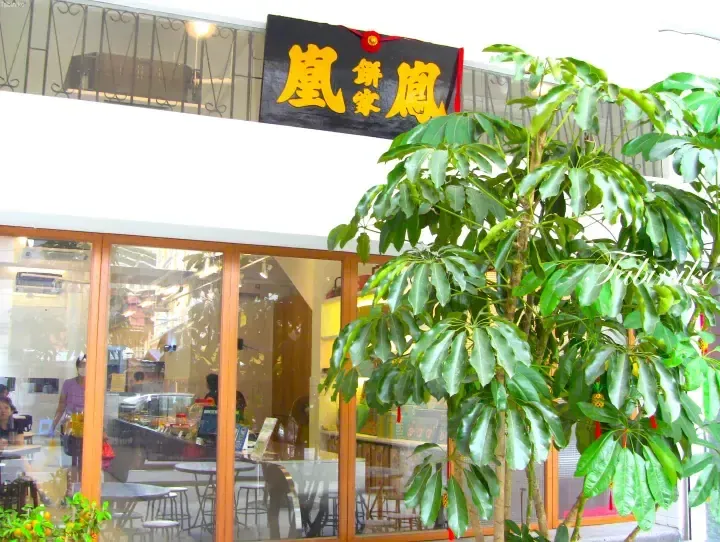 Storefront with a black sign displaying Chinese characters and a large green plant in front of glass windows.