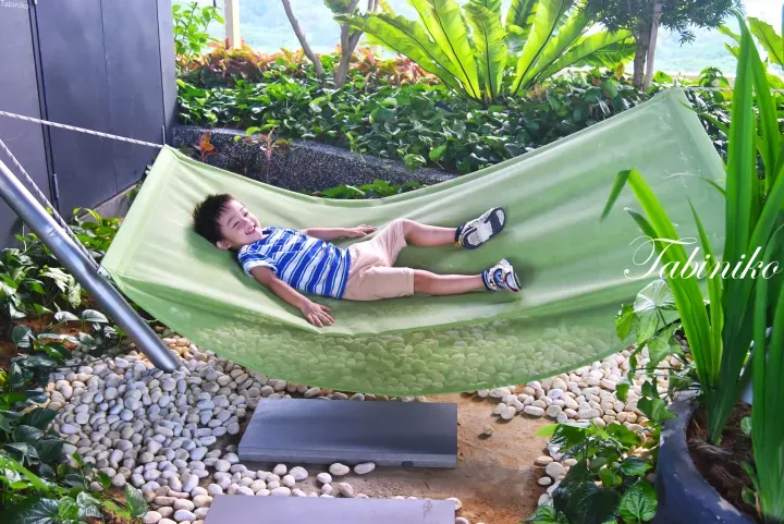 A smiling child relaxing on a green hammock in the lush garden area of a modern property.