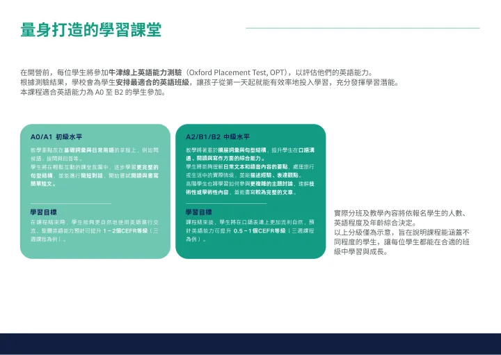 說明英語課程A0/A1和A2/B1/B2級別學習目標的幻燈片。