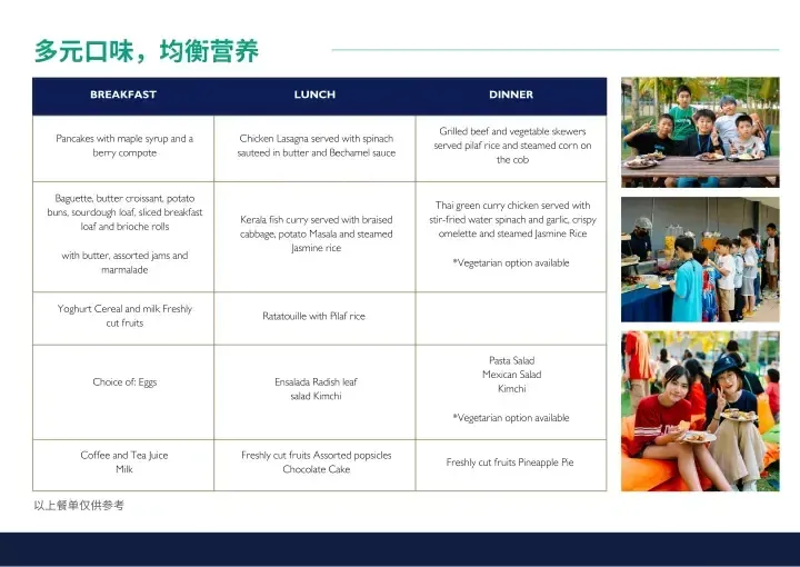 Menu showing breakfast, lunch, and dinner options with photos of families enjoying meals at a resort.