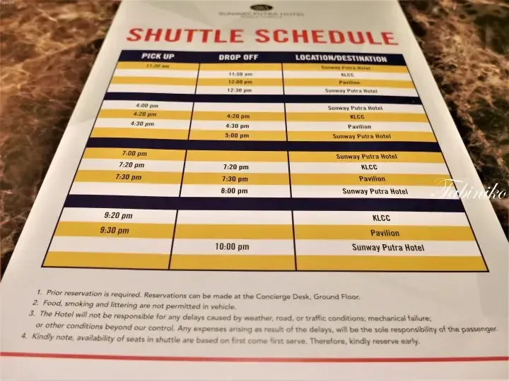 Sunway Putra Hotel shuttle schedule showing pickup and drop-off times for KLCC and Pavilion Kuala Lumpur.