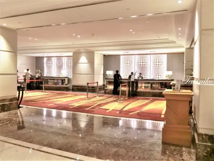 Hotel lobby reception area with marble floors, patterned carpet, and decorative backlit wall panels.