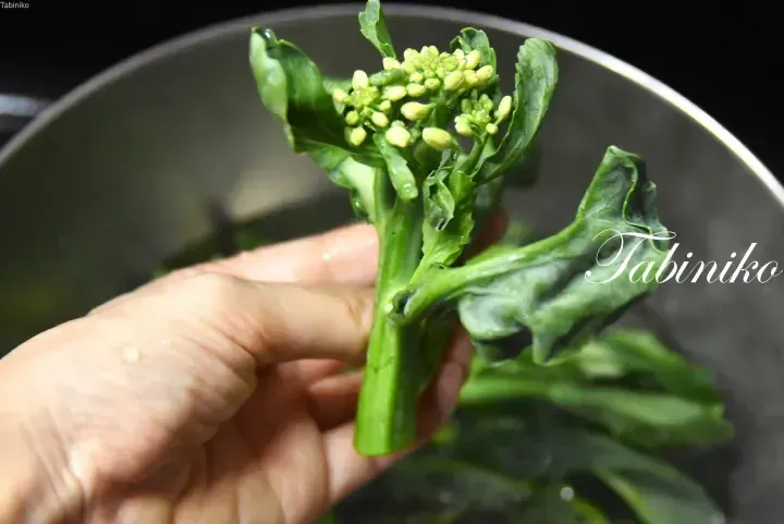 Hand holding fresh green vegetable with flower buds over a cooking pot.